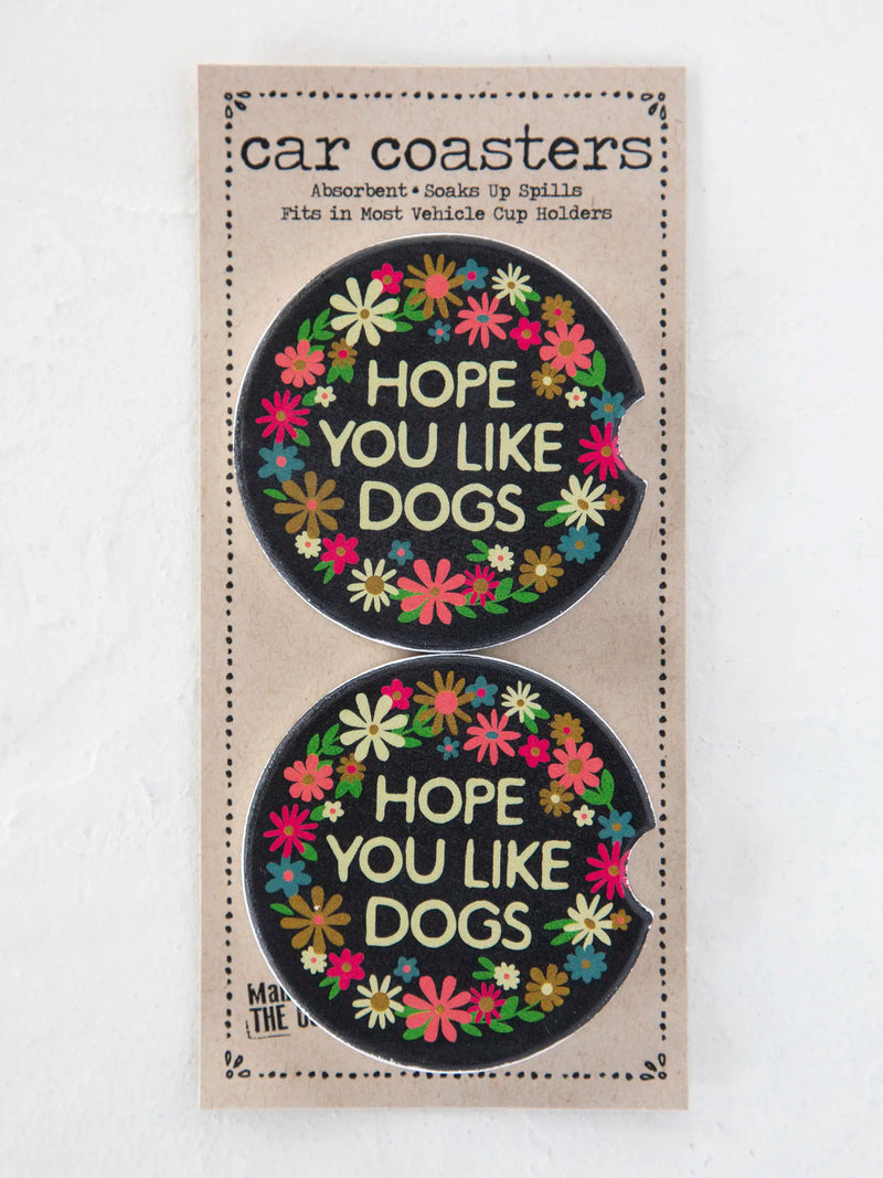 Natural Life Car Coasters, Set of 2 - Hope You Like Dogs (Black)