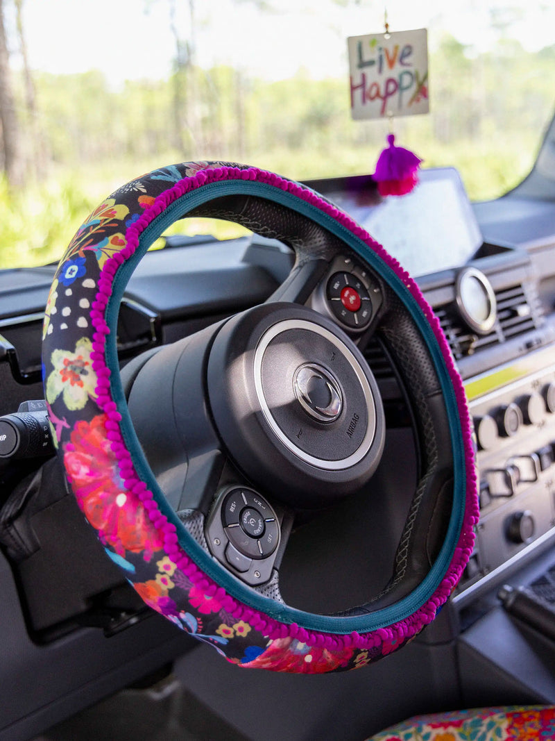 Natural Life Steering Wheel Cover, 15” - Black Floral