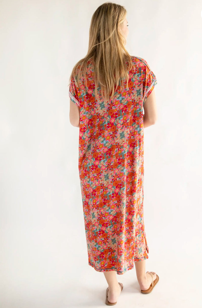 Natural Life Frankie Knit Tee Midi Dress - Pink Red Floral