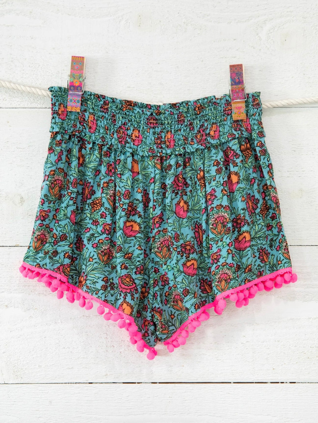 Natural Life Pom Pom Shorts - Turquoise Pink Floral