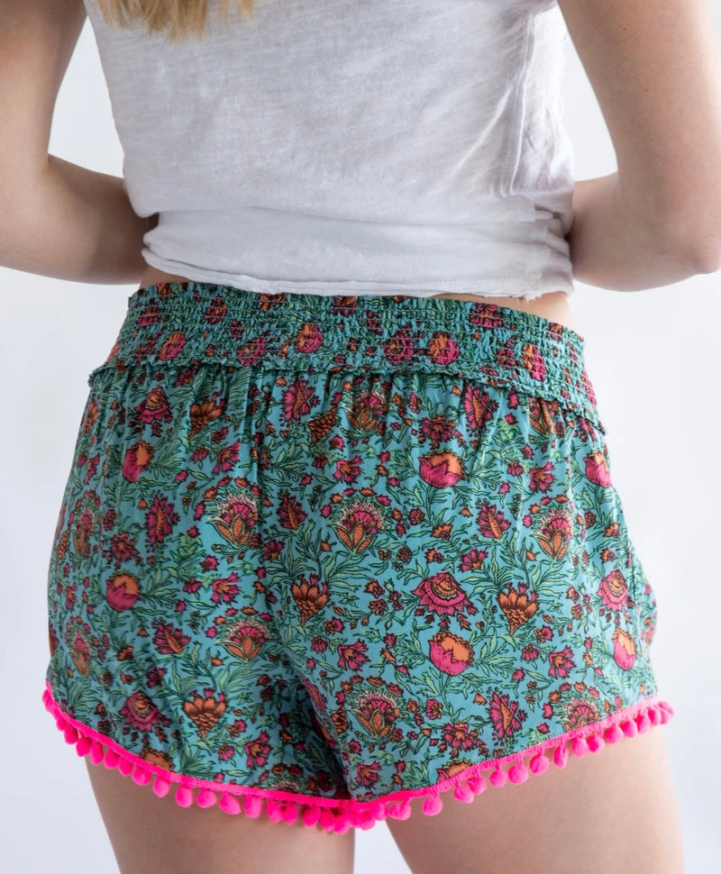 Natural Life Pom Pom Shorts - Turquoise Pink Floral