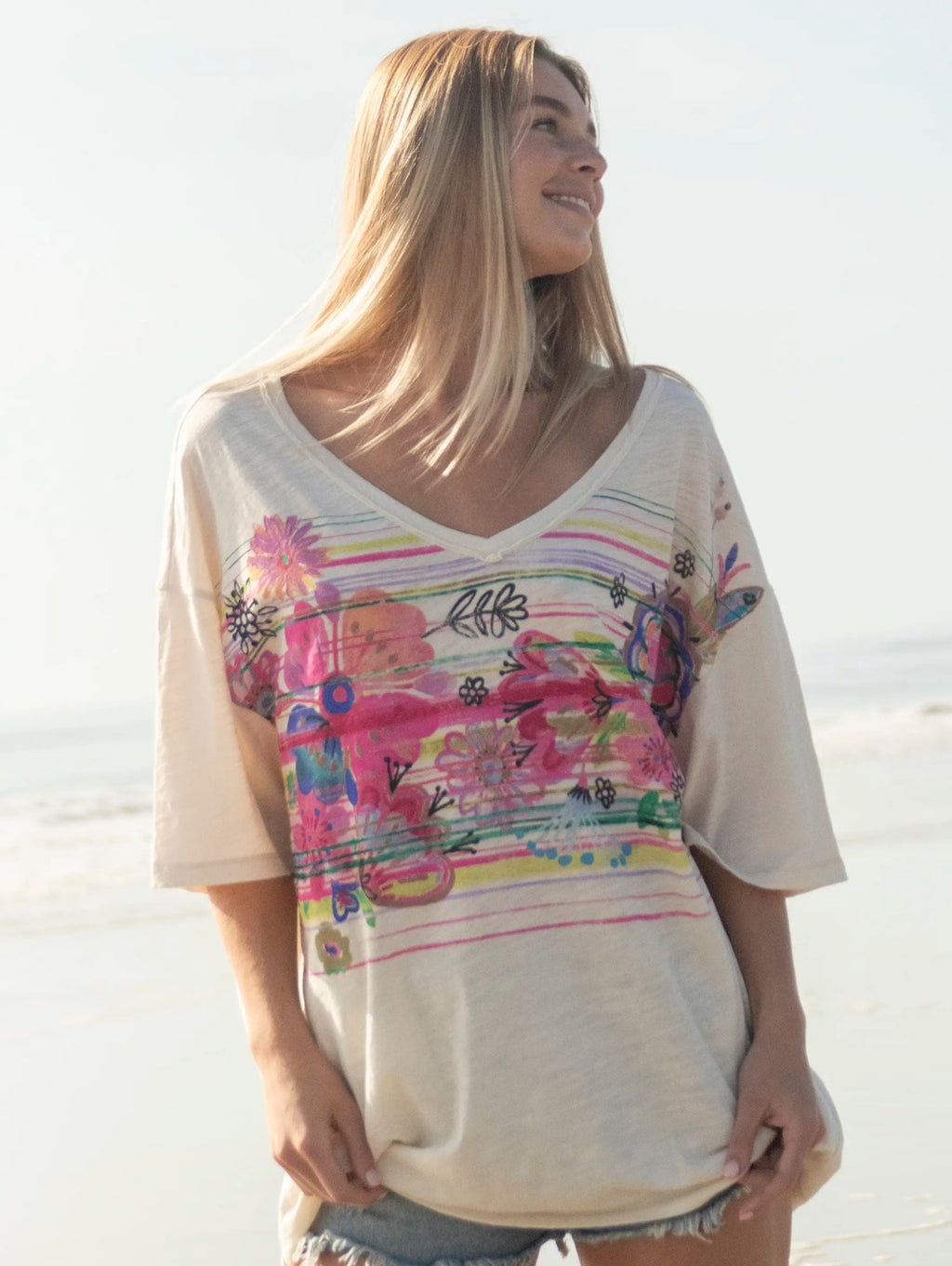 Natural Life One Size Easy V-Neck Tee - Cream Flower Bouquet