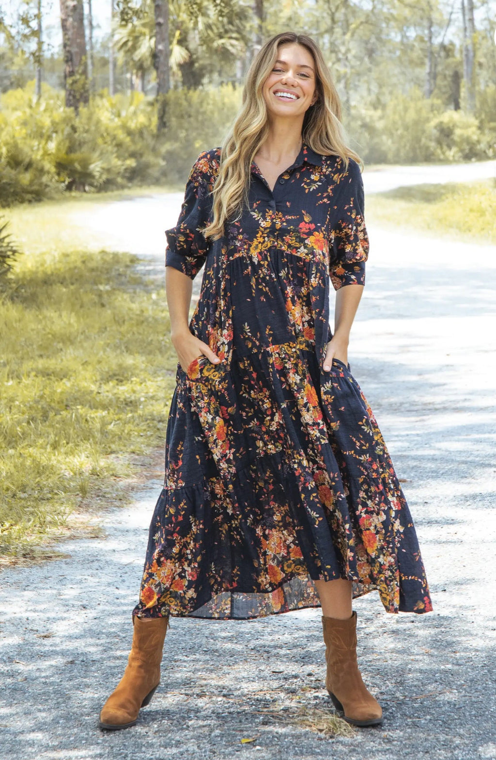 Natural Life Rebecca Midi Dress - Navy Red Bouquet