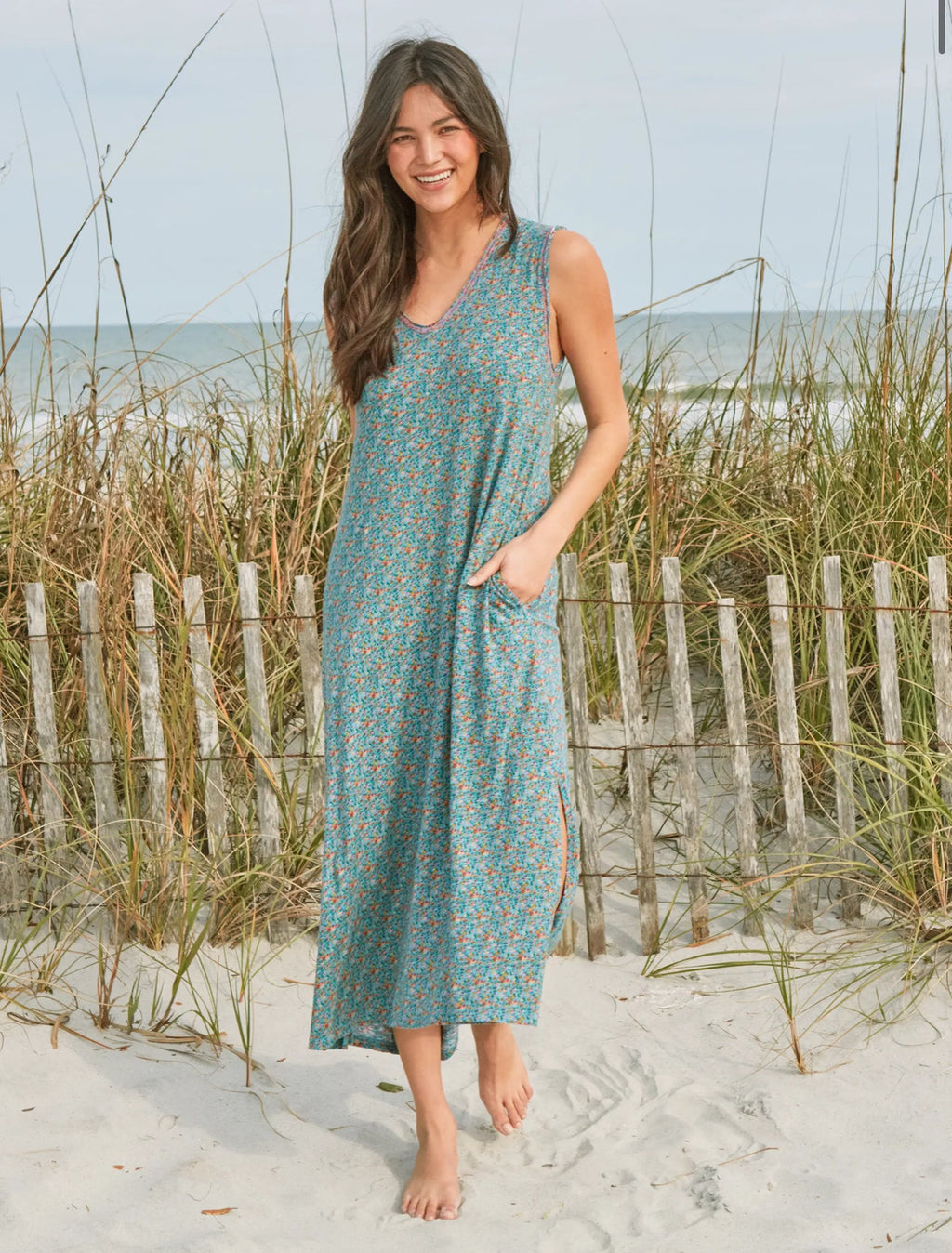Natural Life Hangout Knit Midi Dress - Turquoise Pink Floral