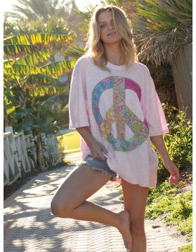 Natural Life Oversized Applique Tee - Light Pink Peace Sign