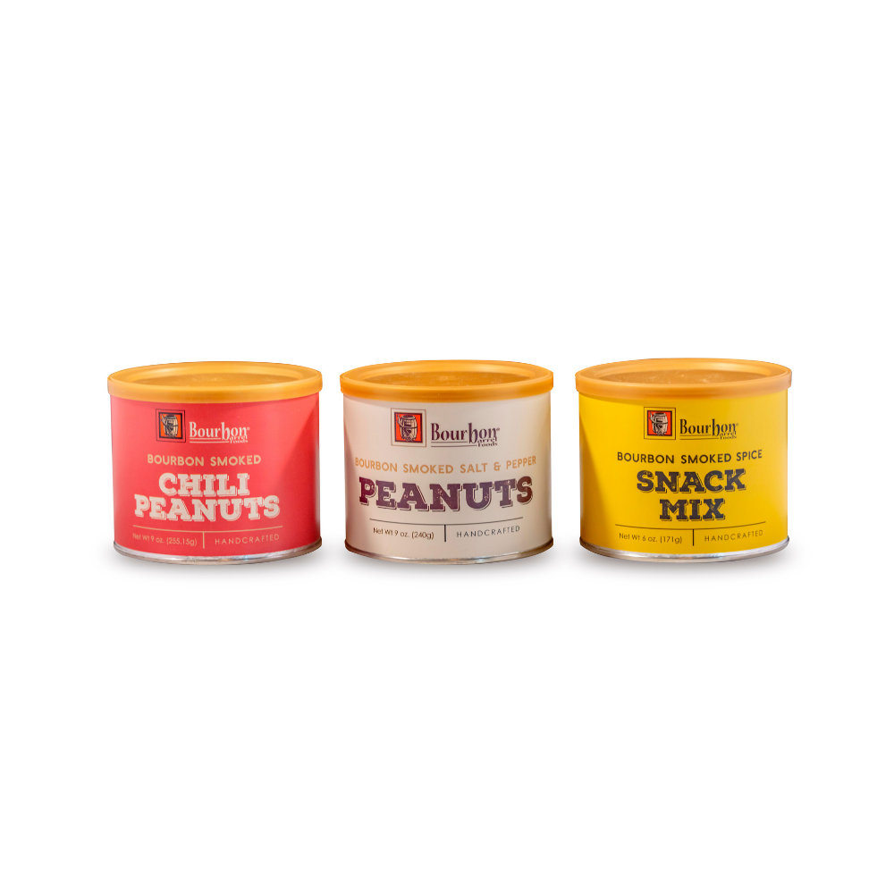 Bourbon Barrel Foods – Bourbon Smoked Snack Trio Gift Set – Salt And Pepper Peanuts, Snack Mix, Chili Peanuts