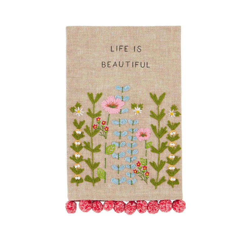 Mud Pie Floral Embroidery Pom Towels
