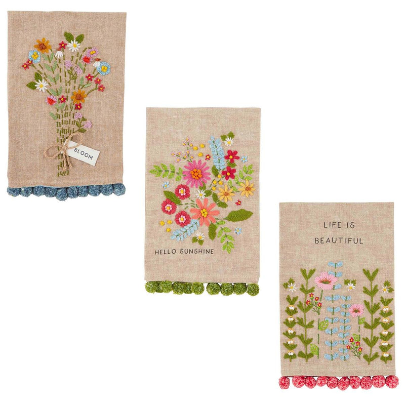 Mud Pie Floral Embroidery Pom Towels