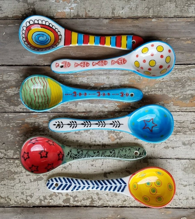 Creative Co-op Stoneware Spoon w/ Painted Pattern, Multi-Color, 12 Styles