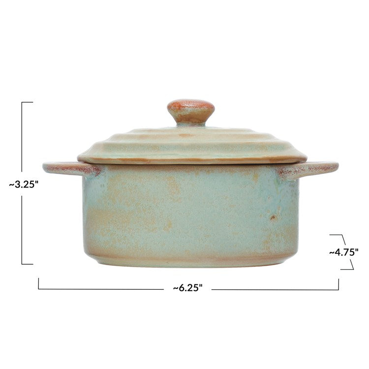 Creative Co-Op Round Stoneware Mini Baker w/Lid, Reactive Glaze, Matte Celadon Color (Each One Will Vary)