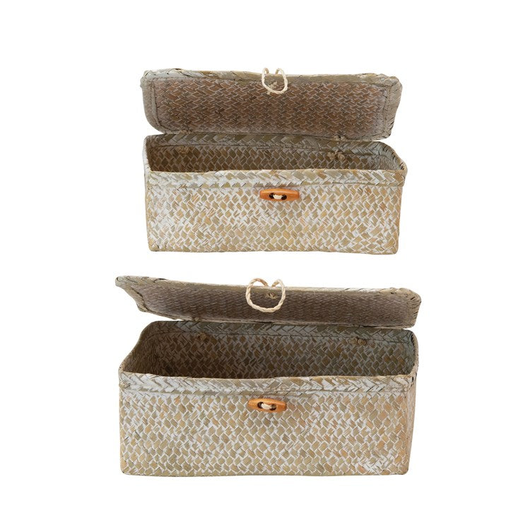 Creative Co-Op Hand-Woven Seagrass Boxes w/ Lids & Toggle Closure, Whitewashed