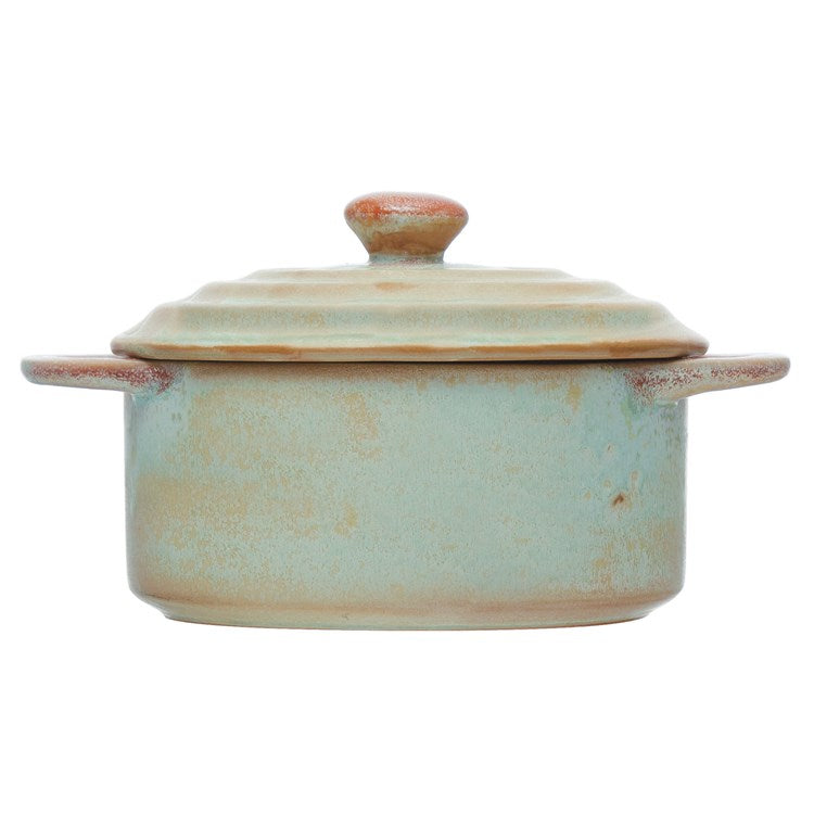Creative Co-Op Round Stoneware Mini Baker w/Lid, Reactive Glaze, Matte Celadon Color (Each One Will Vary)