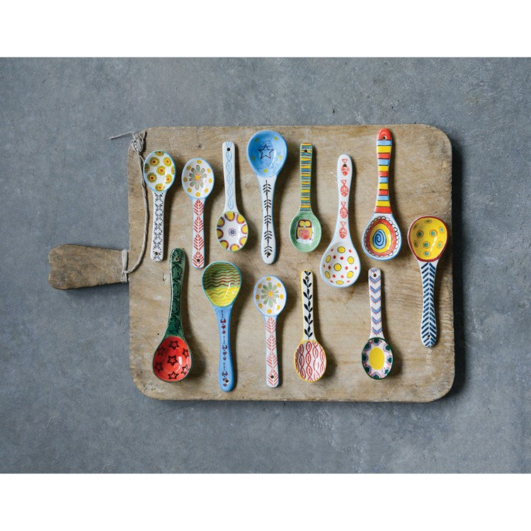 Creative Co-op Stoneware Spoon w/ Painted Pattern, Multi-Color, 12 Styles