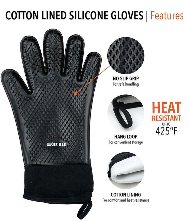 The BBQ Butler - HEAT RESISTANT SILICONE COTTON LINED GLOVES - 2 GLOVES