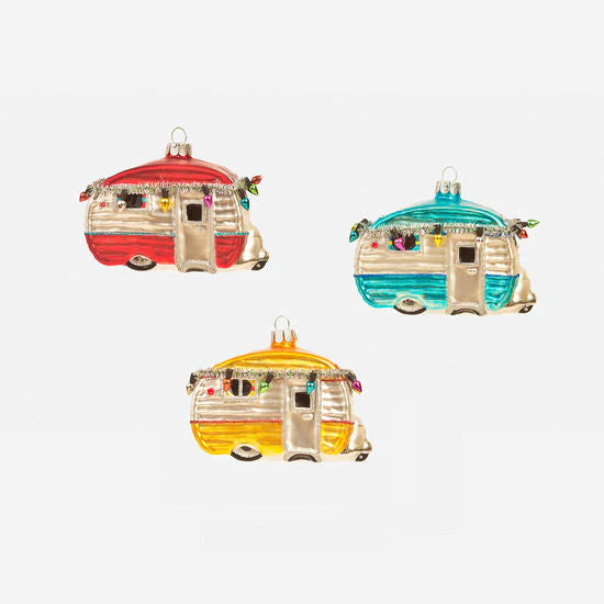 Retro Trailer Glass Ornament 3”, (Assorted colors)