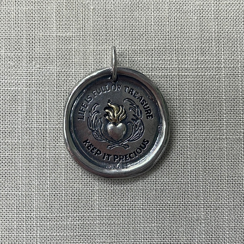 Waxing Poetic Signature Seal Medallion “Life is Full of Treasure” Charm