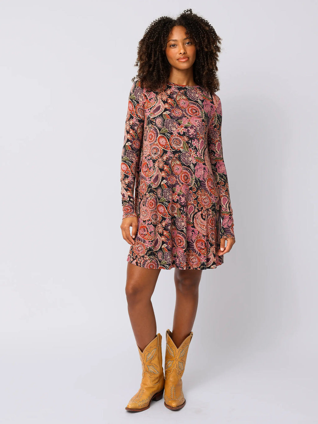 Natural Life Stevie Knit Mini Dress - Black Sketched Paisley