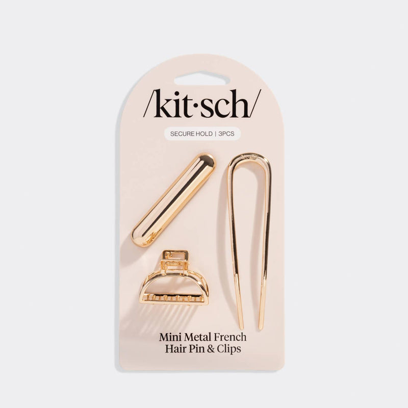KITSCH - Mini Metal French Hair Pin & Clips 3pc Set - Gold