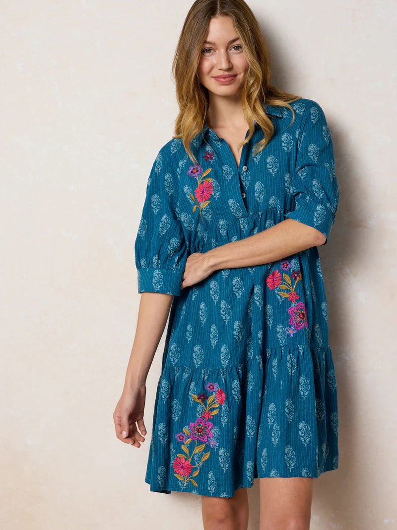 Natural Life Becca Embroidered Mini Dress - Block Stamp Indigo