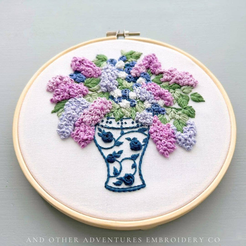 And Other Adventures Embroidery Co - Hand Embroidery Kit - Periwinkle Lilacs in Ginger Jar