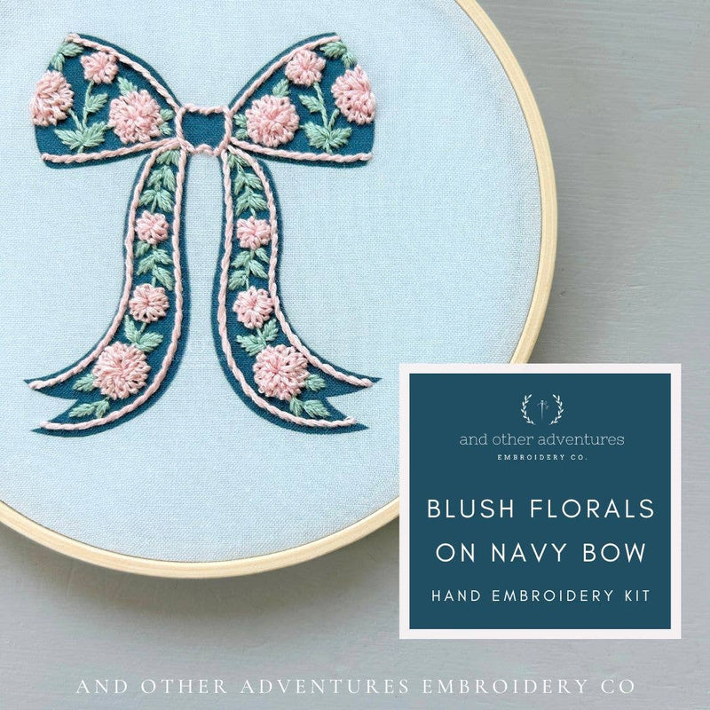 And Other Adventures Embroidery Co - Hand Embroidery Kit - Blush Florals on Navy Bow