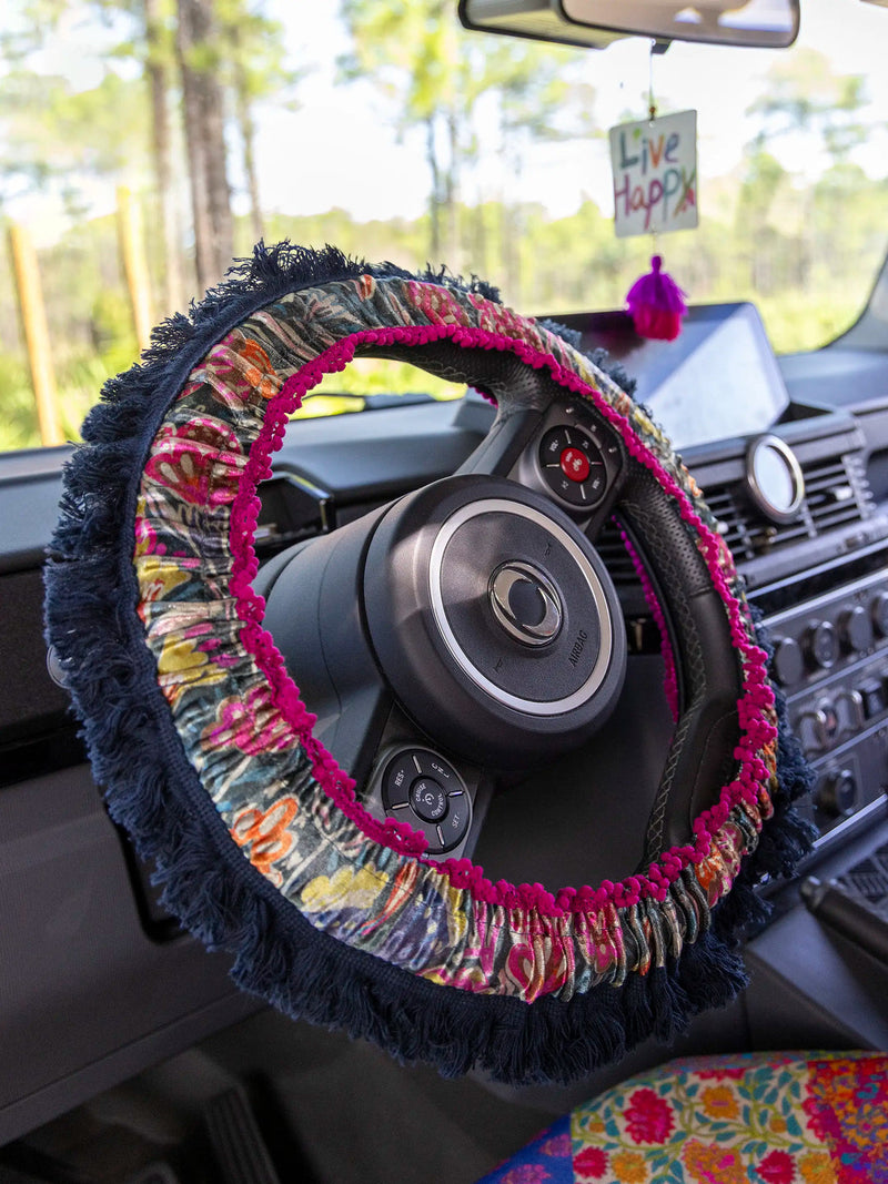 Natural Life Velvet Steering Wheel Cover, 15” - Green Painterly Vines