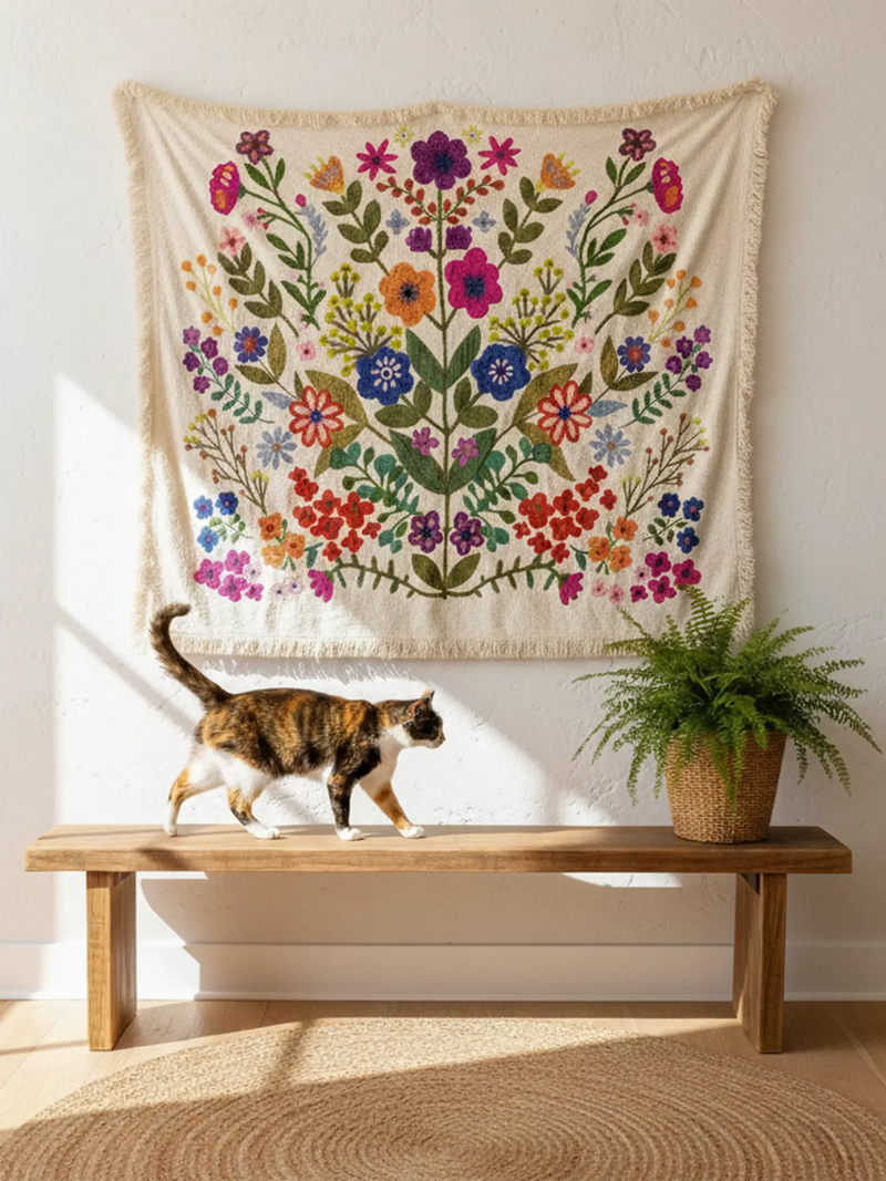 Natural Life Boucle Embroidered Tapestry - Cream Flower Bouquet
