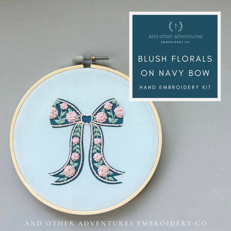 And Other Adventures Embroidery Co - Hand Embroidery Kit - Blush Florals on Navy Bow