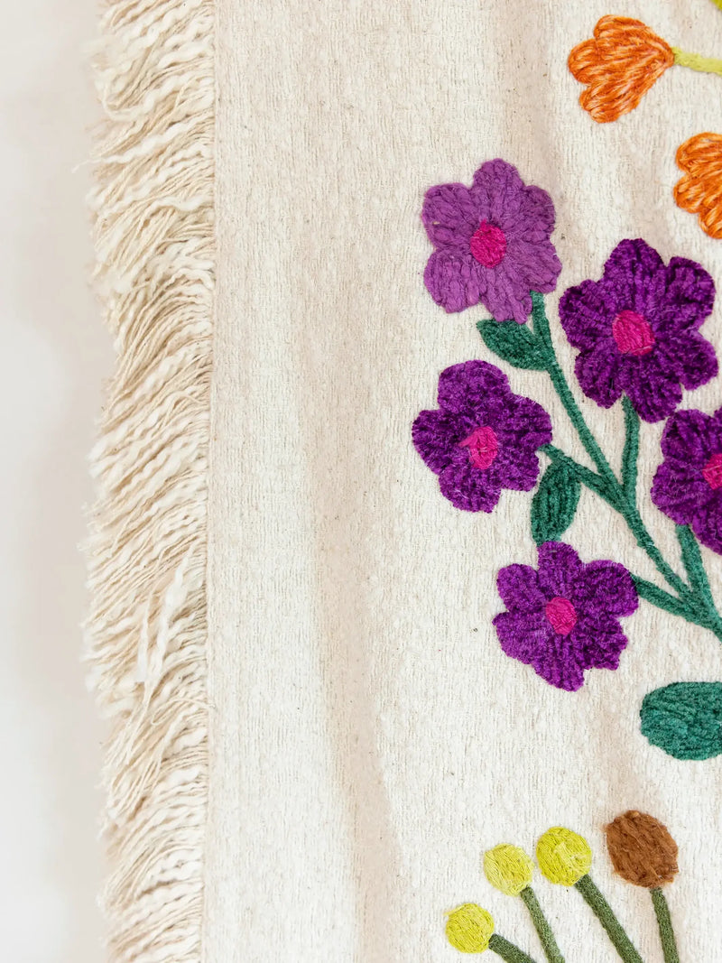 Natural Life Boucle Embroidered Tapestry - Cream Flower Bouquet