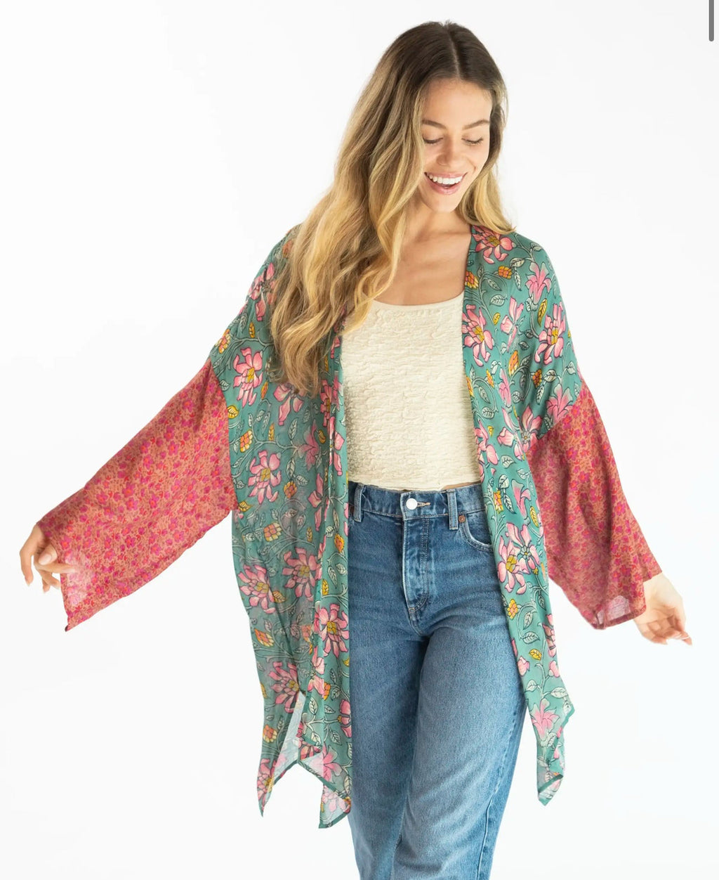 Natural Life Sierra Mixed Print Kimono - Pink Lilies Mix Floral