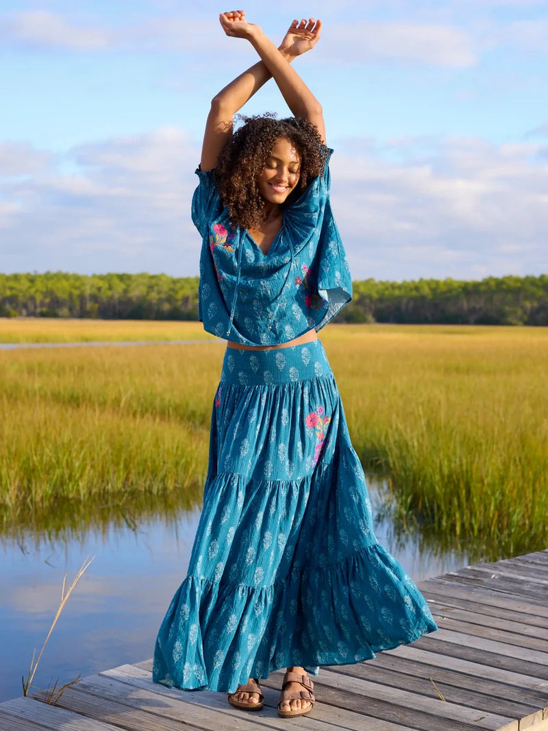 Natural Life Hanna Embroidered Convertible Maxi Skirt - Block Stamp Indigo