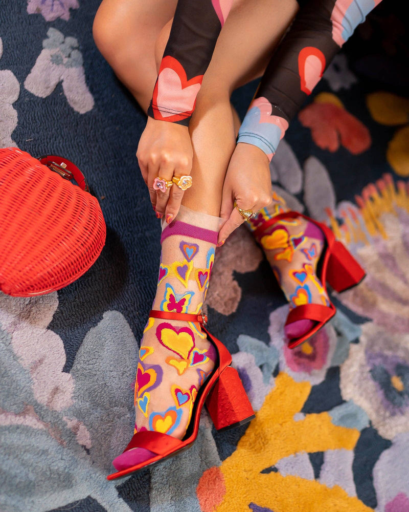 Sock Candy - Y2K Hearts Ruffle Sheer Crew Sock