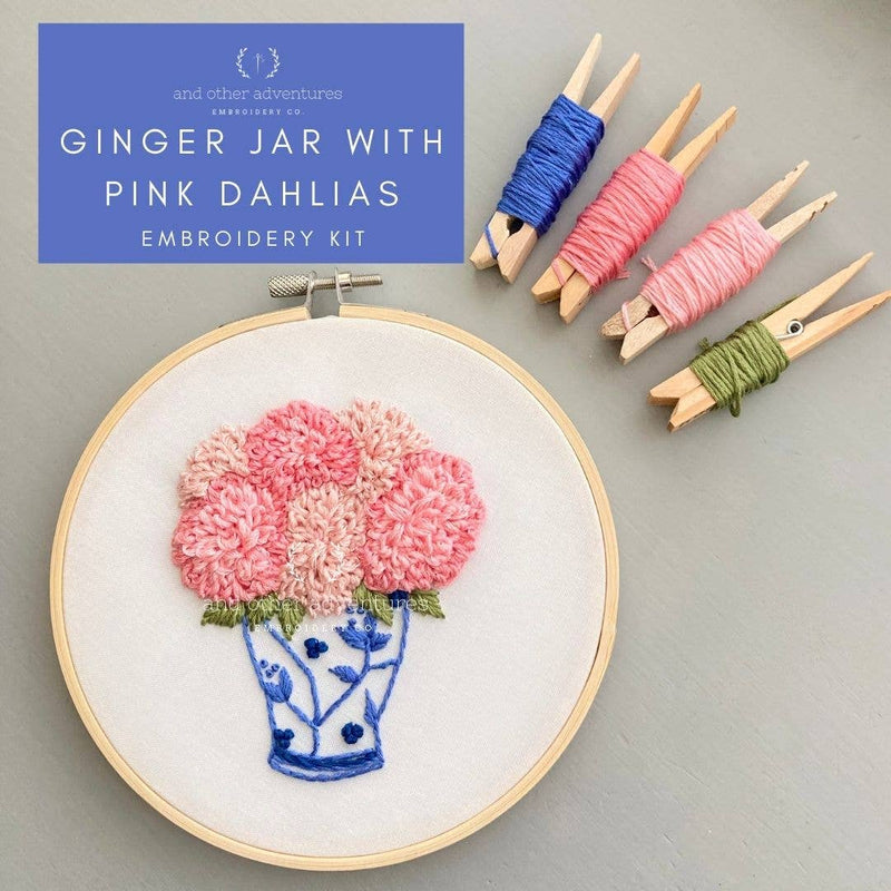 And Other Adventures Embroidery Co - Embroidery Kit - Ginger Jar with Pink Dahlias - Intermediate