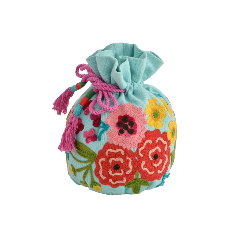 Karma Living - 3ABJPHP240_AQ FLORAL JEWELRY POUCH 8X8