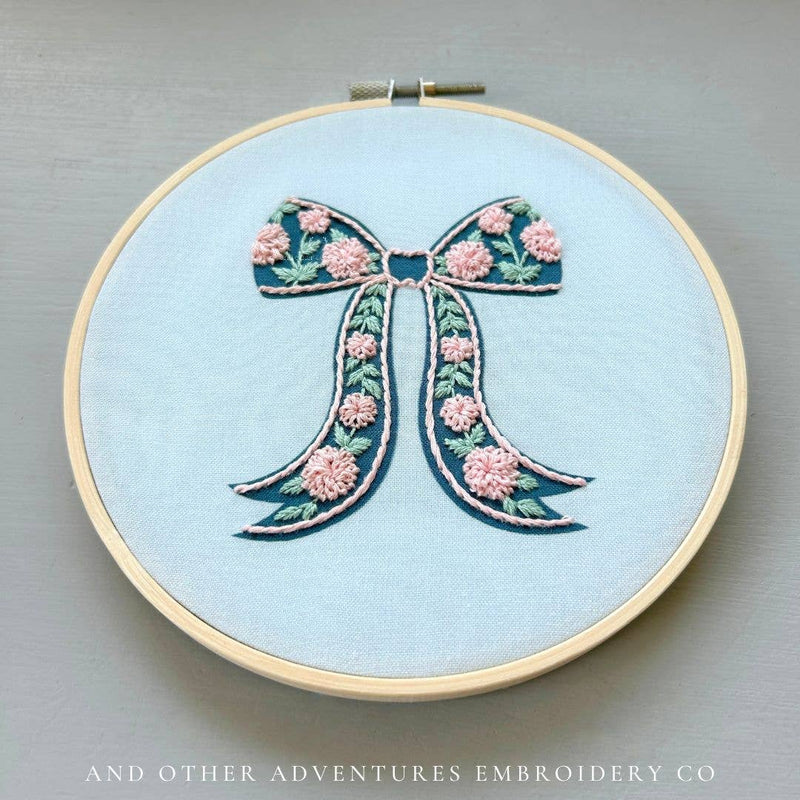 And Other Adventures Embroidery Co - Hand Embroidery Kit - Blush Florals on Navy Bow
