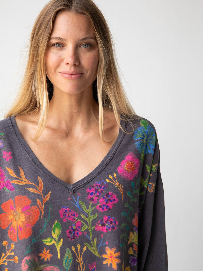 Natural Life One Size Cotton Long Sleeve Easy V-Neck Tee - Charcoal Floral