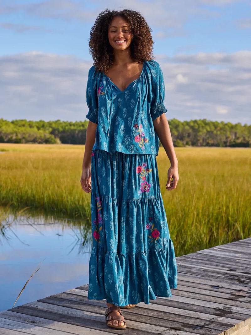 Natural Life Hanna Embroidered Convertible Maxi Skirt - Block Stamp Indigo