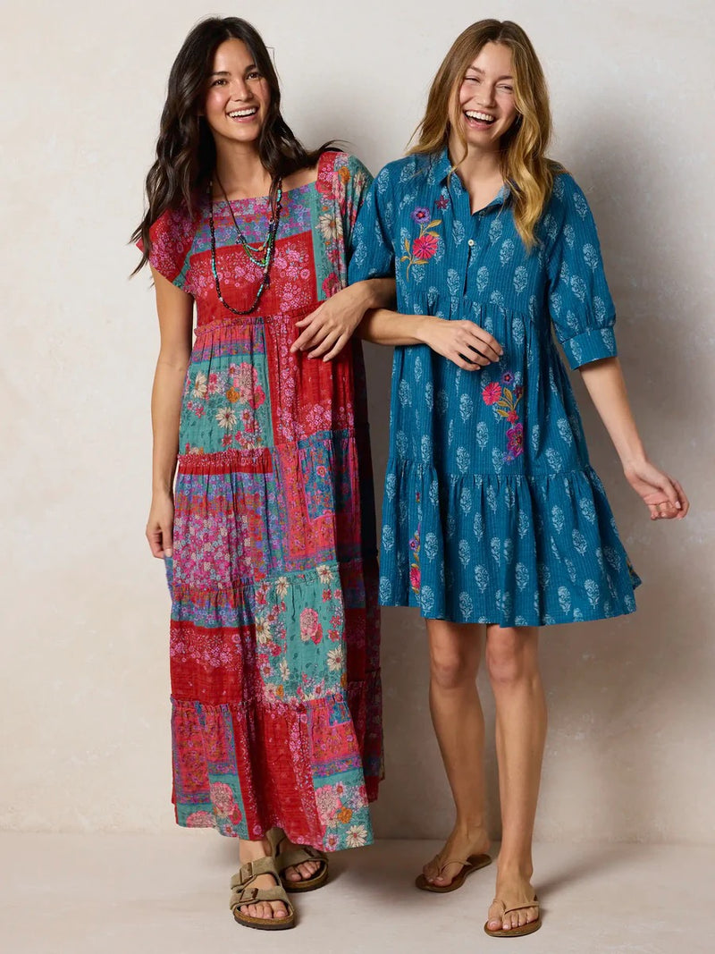 Natural Life Becca Embroidered Mini Dress - Block Stamp Indigo
