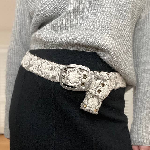 Jenny Krauss - Two-Tone Embroidered Wool Belt, Heather/Cream