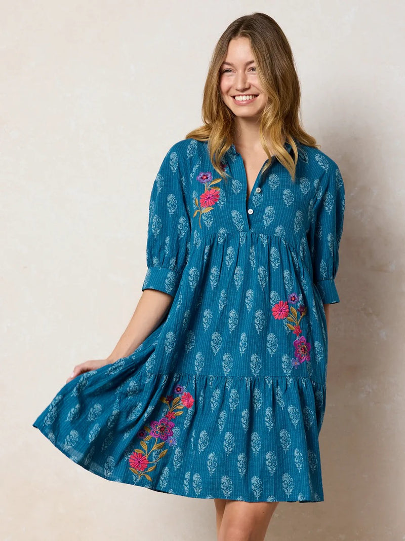Natural Life Becca Embroidered Mini Dress - Block Stamp Indigo