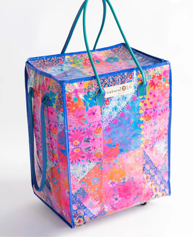Natural Life Rolling Tote - Bright Pink Patchwork