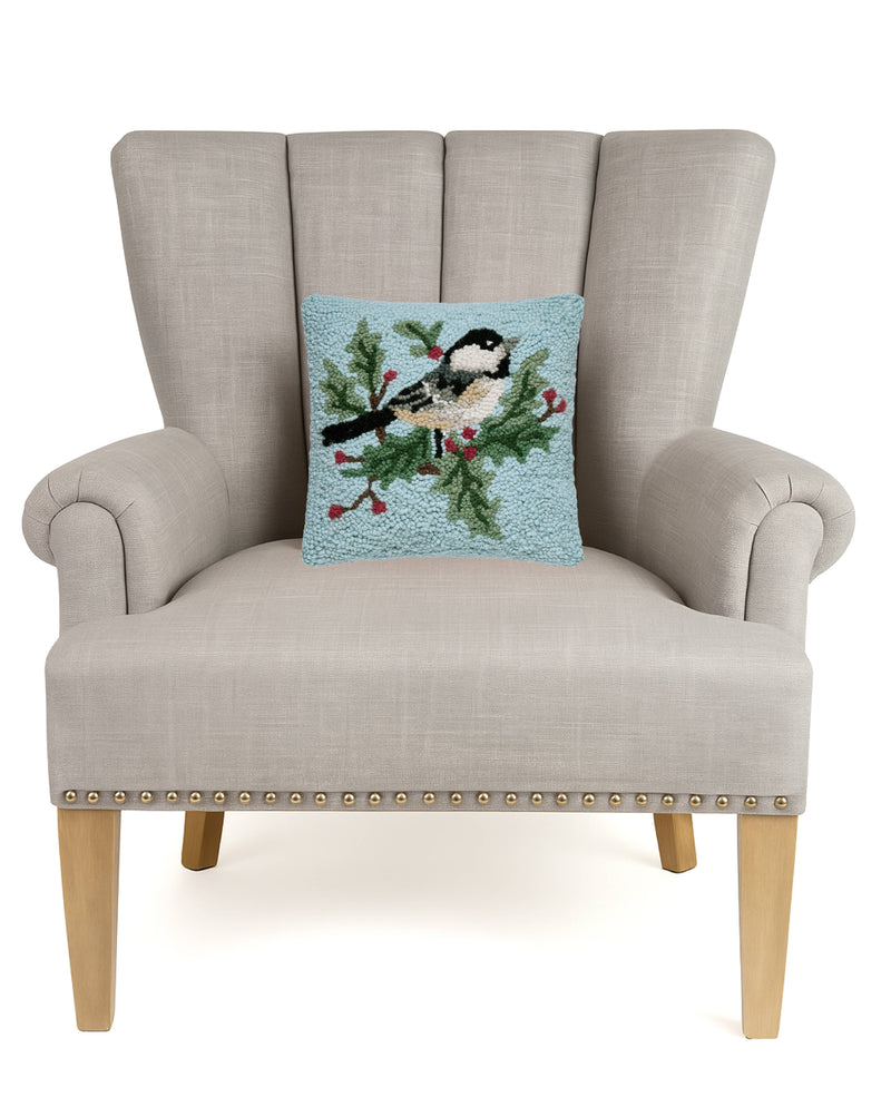 Peking Handicraft - Chickadee Holly Hook Pillow