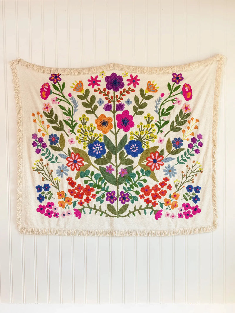 Natural Life Boucle Embroidered Tapestry - Cream Flower Bouquet