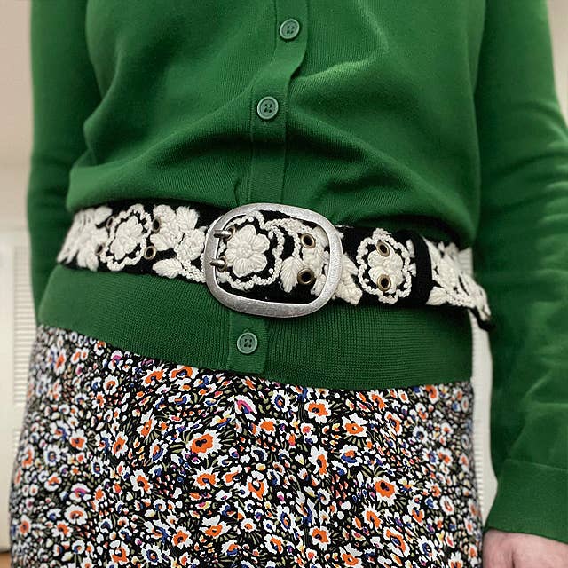 Jenny Krauss - Two-Tone Embroidered Wool Belt, Black/Cream