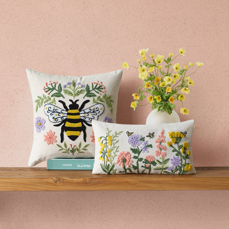 Peking Handicraft - Floral Natural Field Embroidered Pillow
