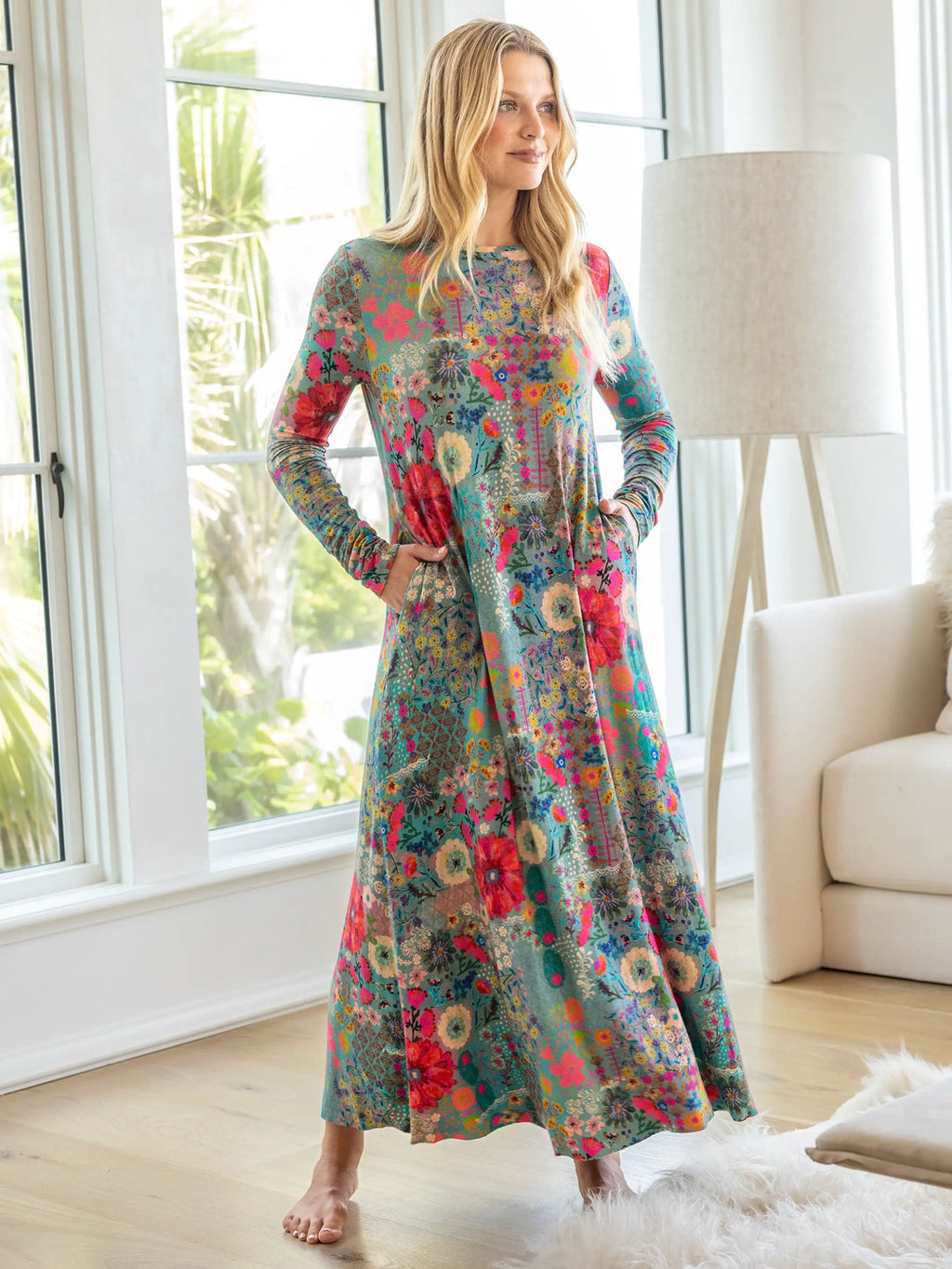 Natural Life Stevie Knit Maxi Dress - Blue Garden Patchwork