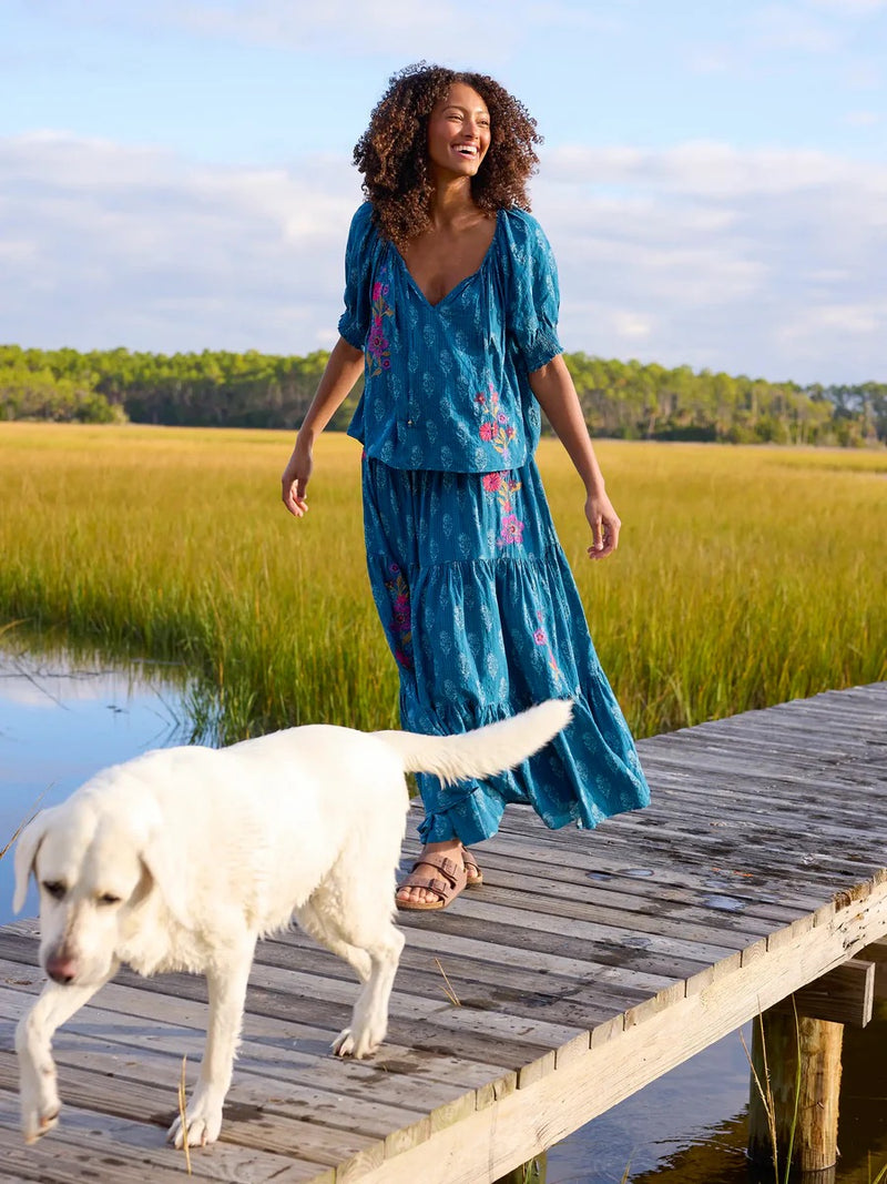 Natural Life Hanna Embroidered Convertible Maxi Skirt - Block Stamp Indigo
