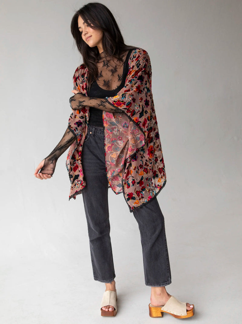 Natural Life Velvet Burnout Kimono - Light Pink Floral