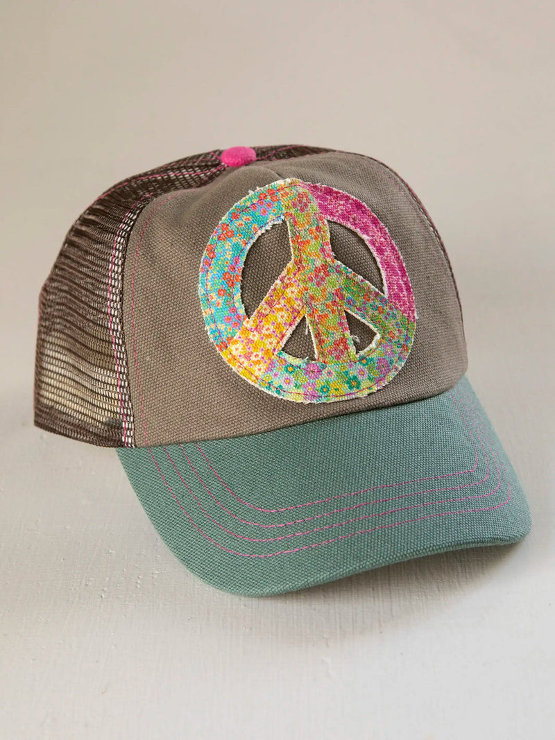 Natural Life Canvas Trucker Hat - Teal Peace Sign