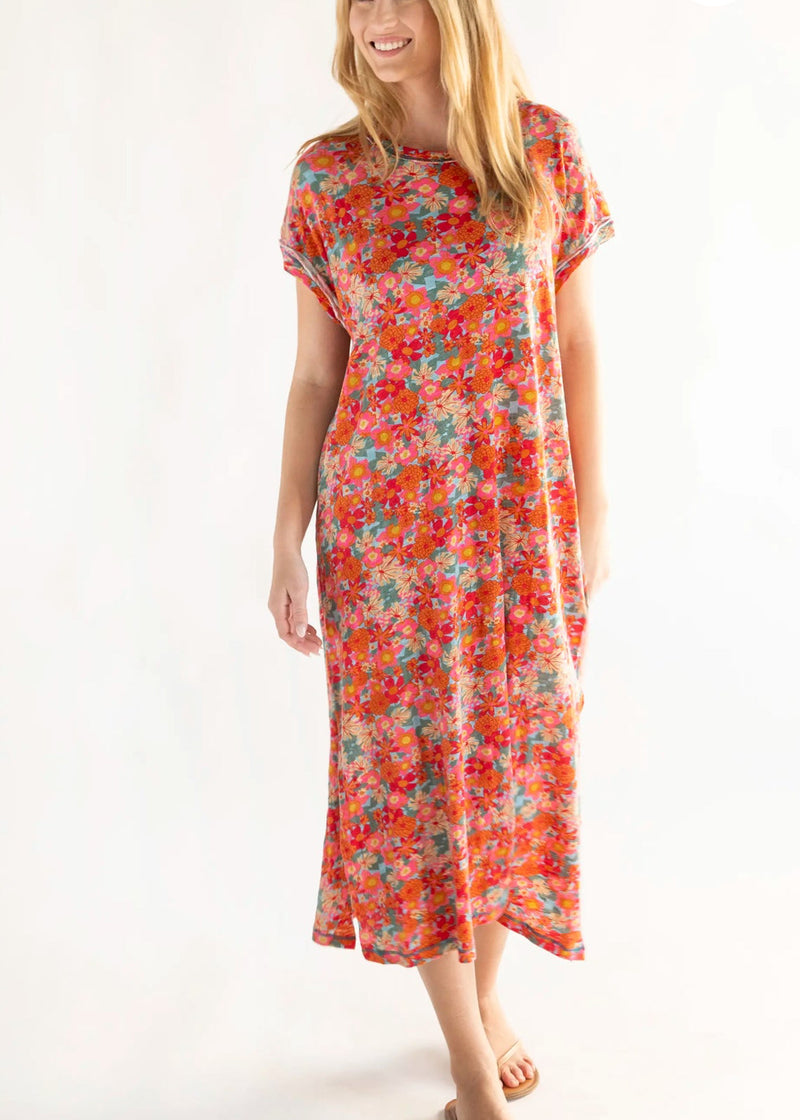 Natural Life Frankie Knit Tee Midi Dress - Pink Red Floral